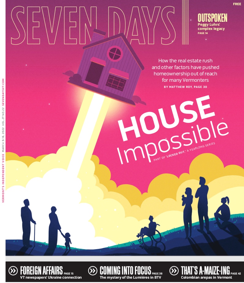 Newspaper cover illustration for the housing crisis, in which a house blasts into space like a rocket, while community members watch from a hillside nearby.